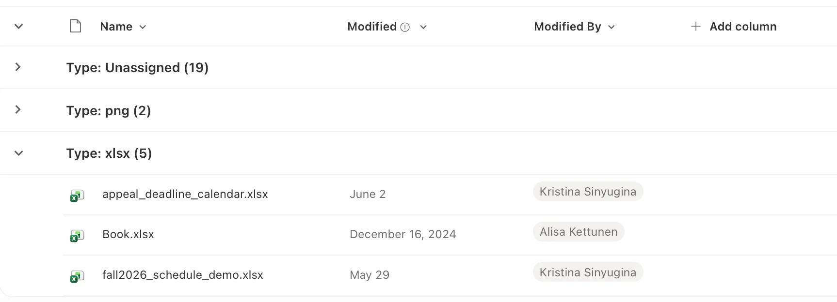 Filtered document library view grouped by document type and status