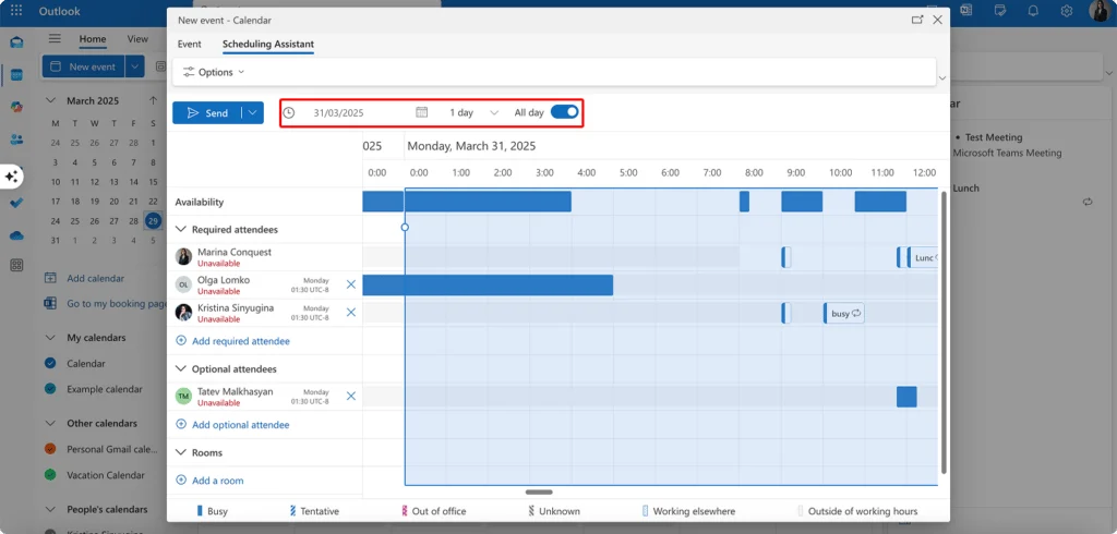 Date navigator inside the Scheduling Assistant
