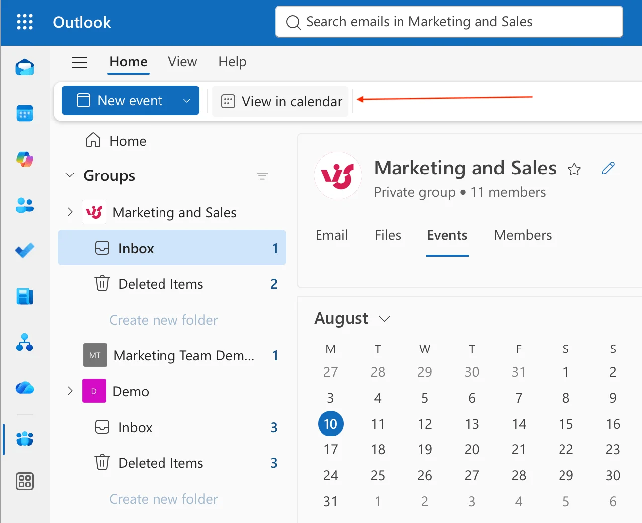 Clicking View in calendar to view group events in OWA