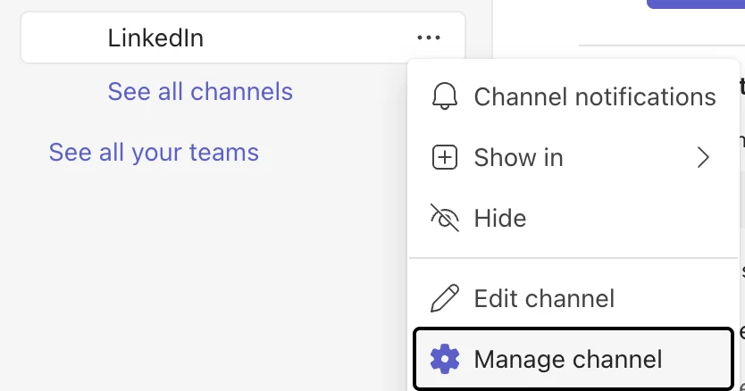 Opening the Manage channel settings