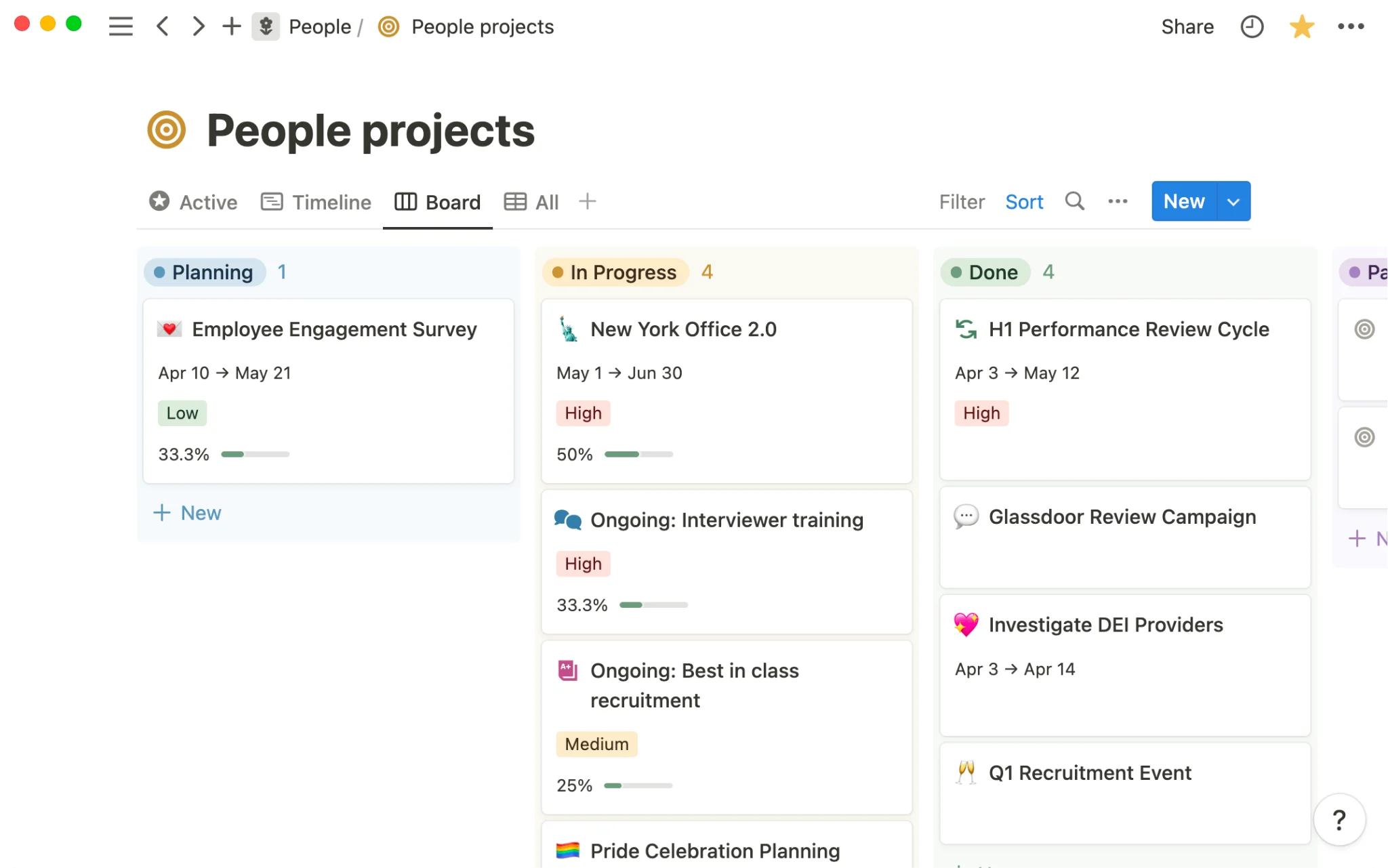 Notion task database shown as a board view