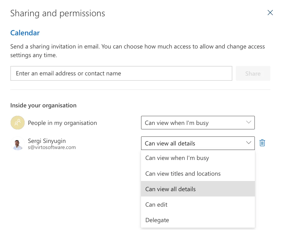 Sharing permissions in the Outlook calendar sharing dialog