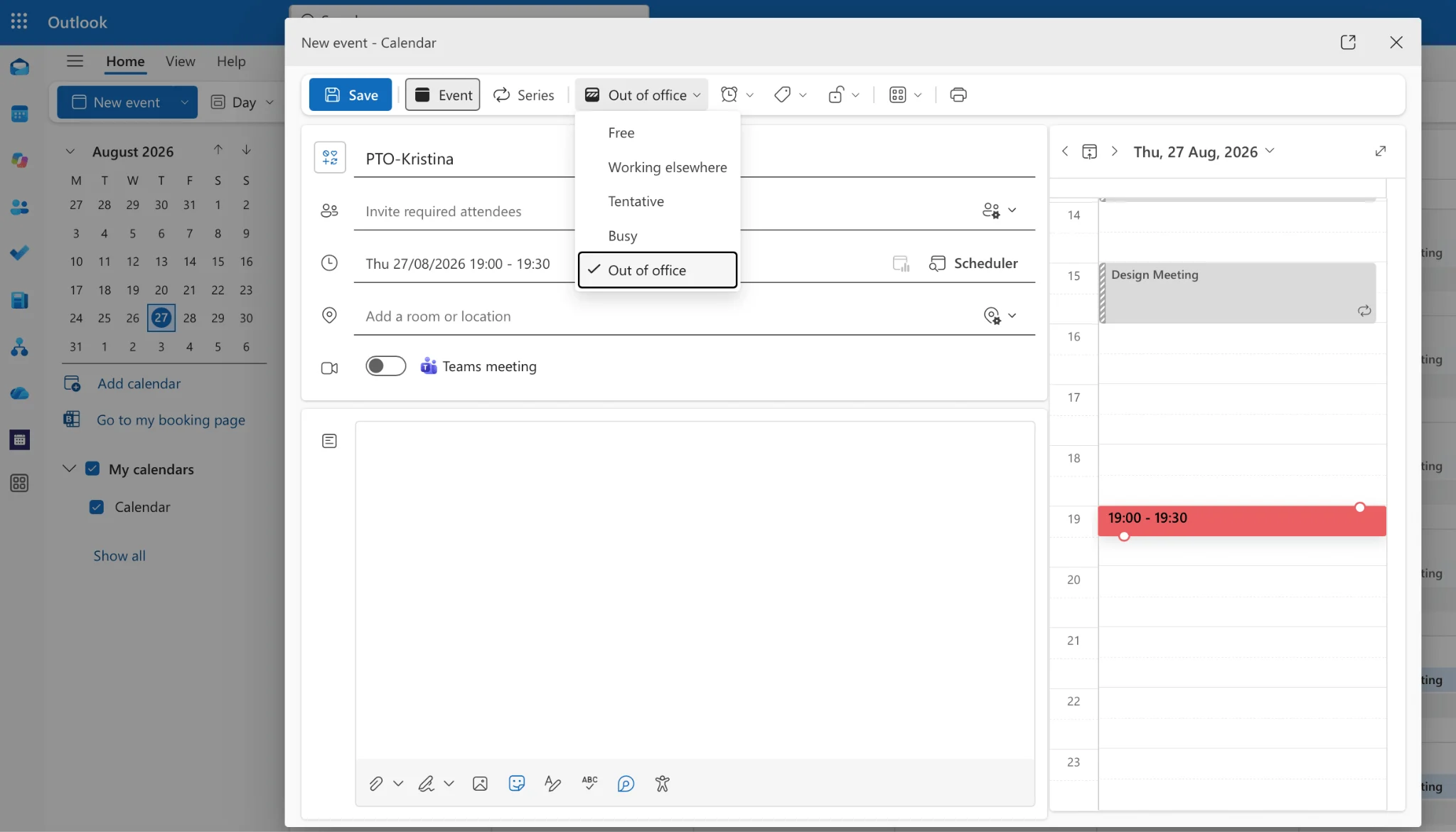 Scheduling all-day out-of-office event in Outlook on the web