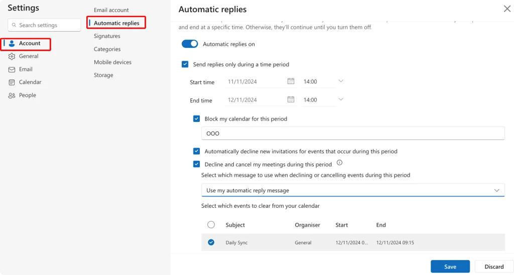 Setting up automatic replies in Outlook on the web