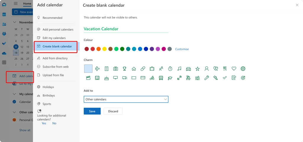 Creating a new blank calendar in Outlook on the web