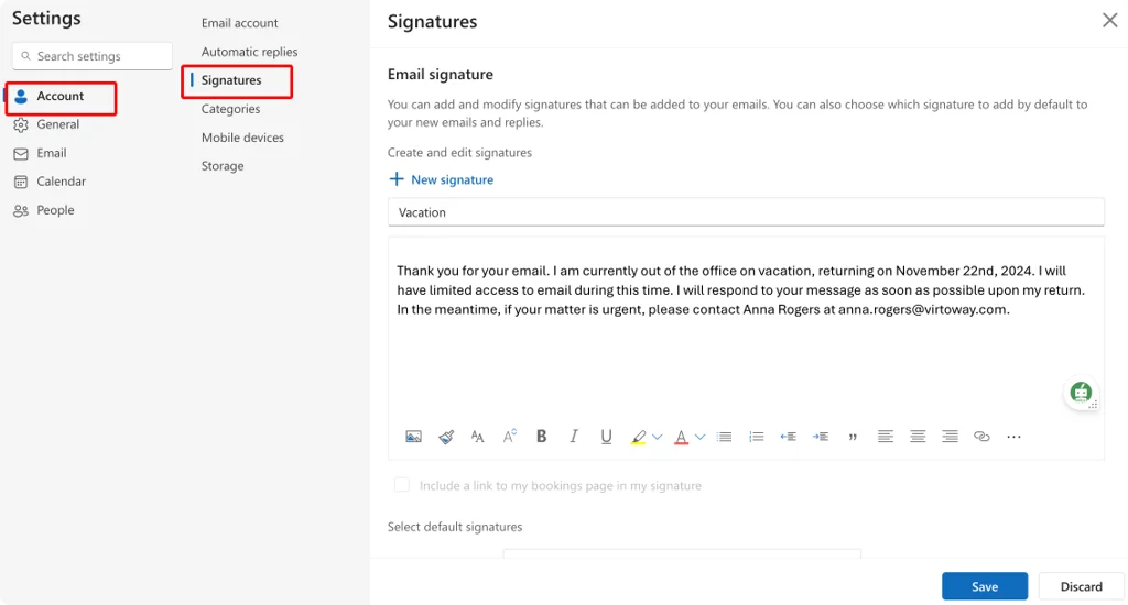 Configuring a pre-vacation email signature in Outlook on the web