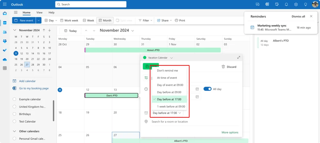 Setting a reminder on a PTO event in Outlook on the web
