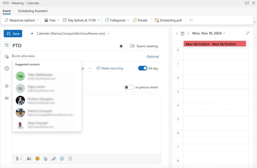 Adding attendees to PTO event for shared calendar visibility