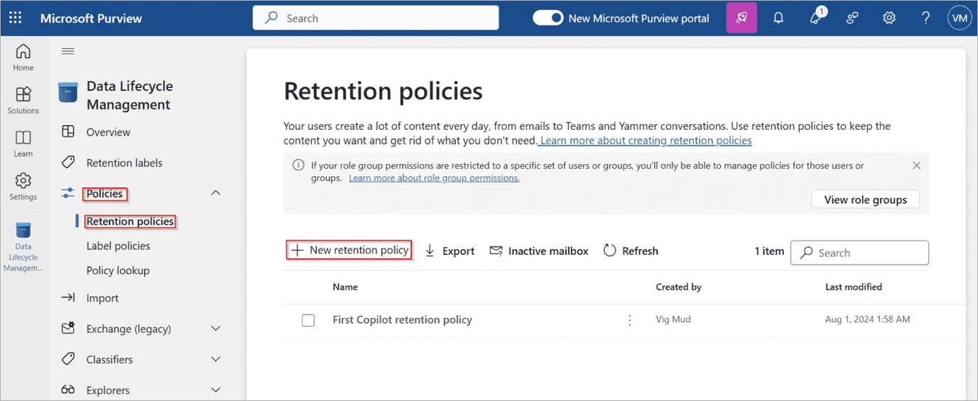 Microsoft Purview Data Lifecycle Management retention policies screen