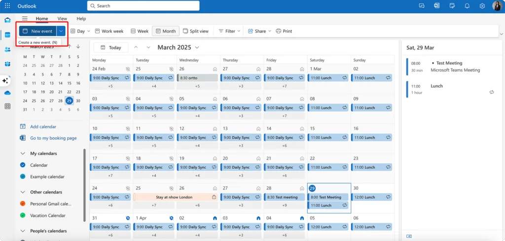 Creating a new event in Outlook on the web