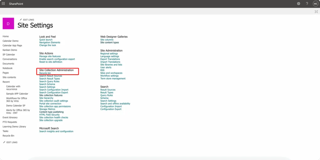 Opening the second-stage recycle bin from site collection administration