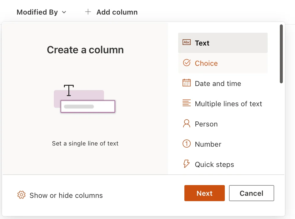 The “Add column” dropdown in a document library showing column types (Text, Choice, Date, Person, Managed metadata)