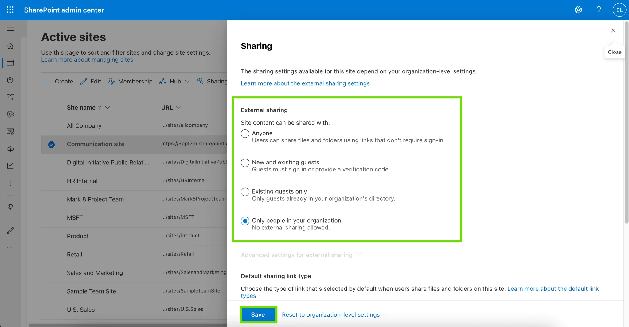 External sharing settings in the SharePoint admin center