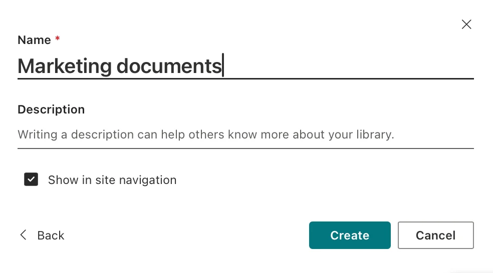 The “Create document library” panel showing the Name and Description fields and the Create button