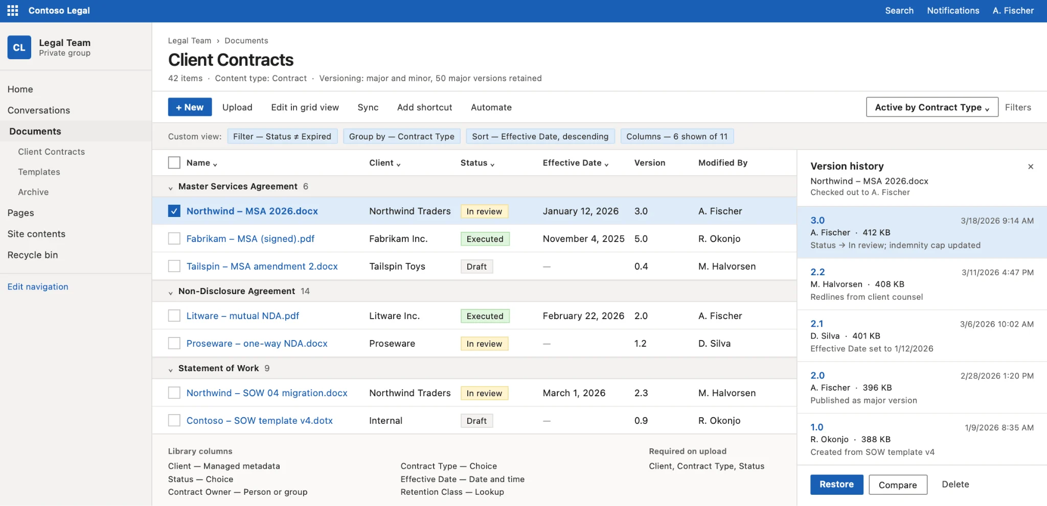 A SharePoint document library configured with metadata columns and custom view
