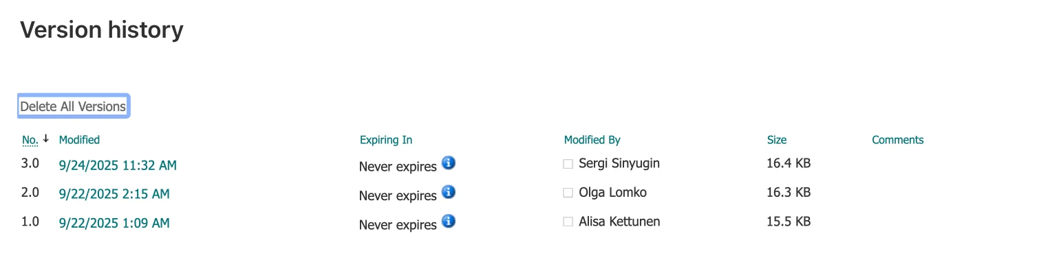 The Version history panel for a file in a document library, showing several dated versions