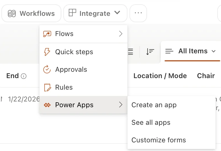 The Integrate menu in a modern SharePoint list with the Workflows button