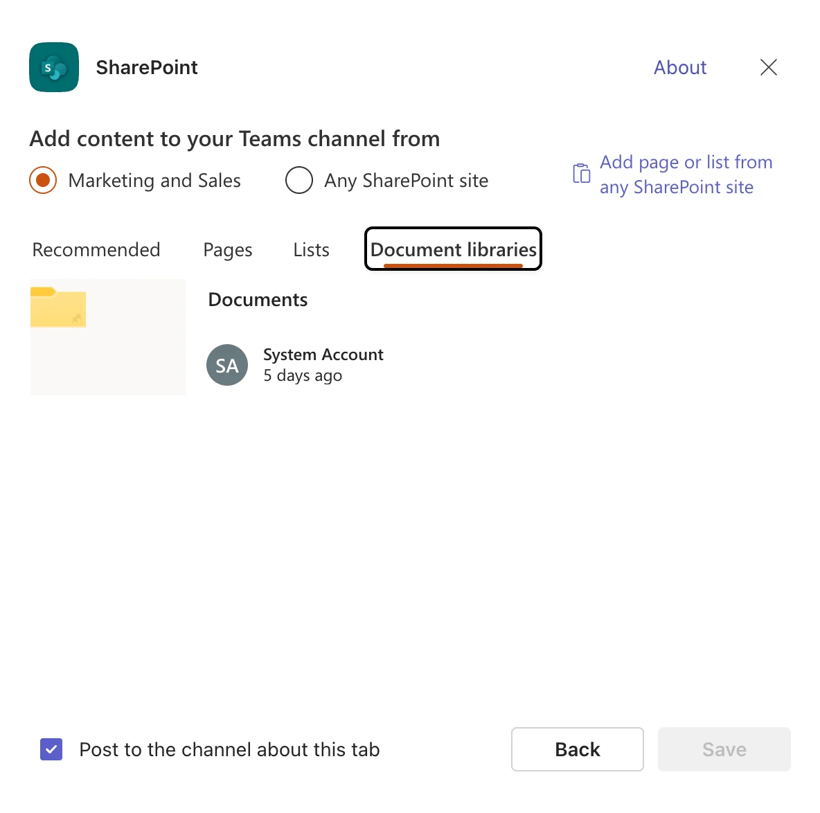 Adding a SharePoint document library as a tab in a Teams channel