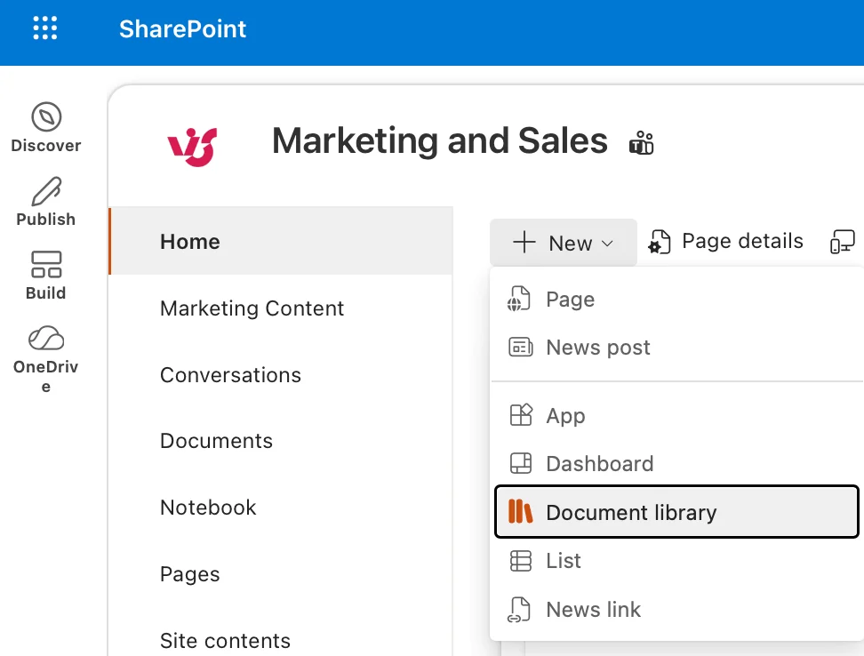 The “+ New” menu open on a SharePoint site home page, with “Document library” highlighted