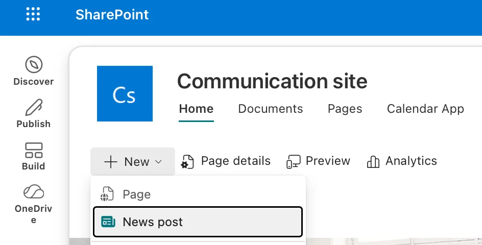 New page menu on SharePoint site command bar