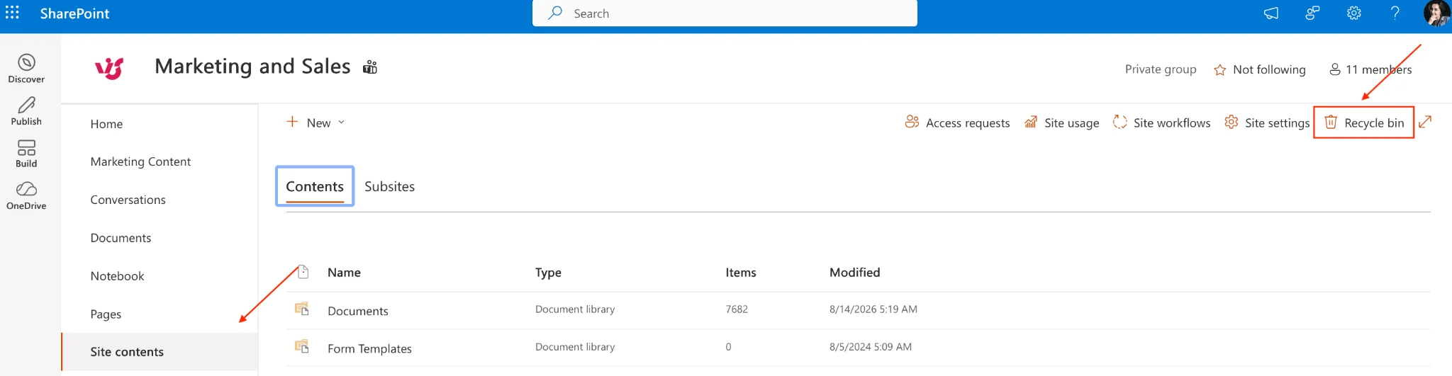 Recycle bin link in SharePoint left navigation