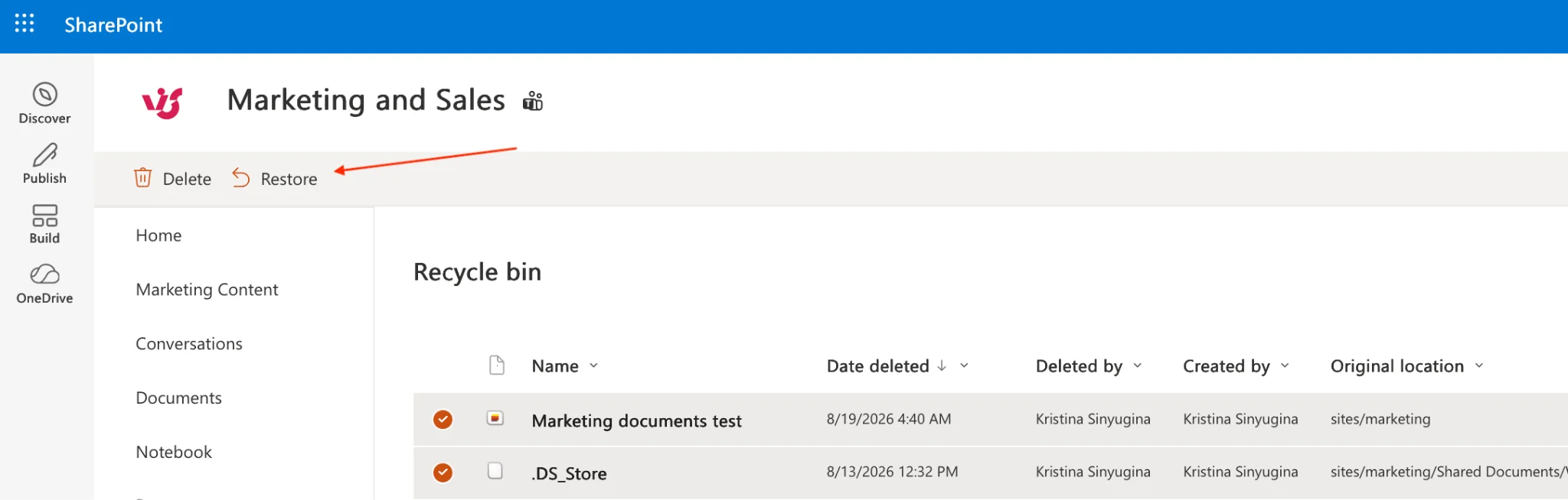 Selecting items and restoring them from the recycle bin