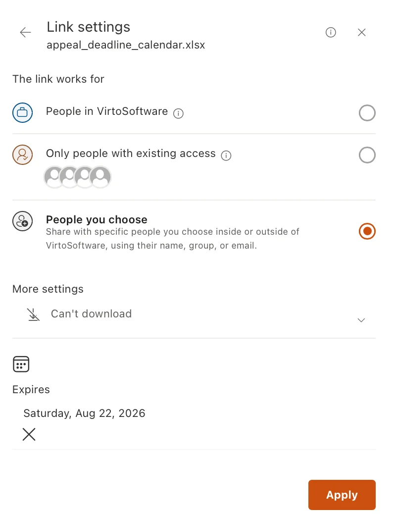 Share dialog with Specific people, expiry and Block download options