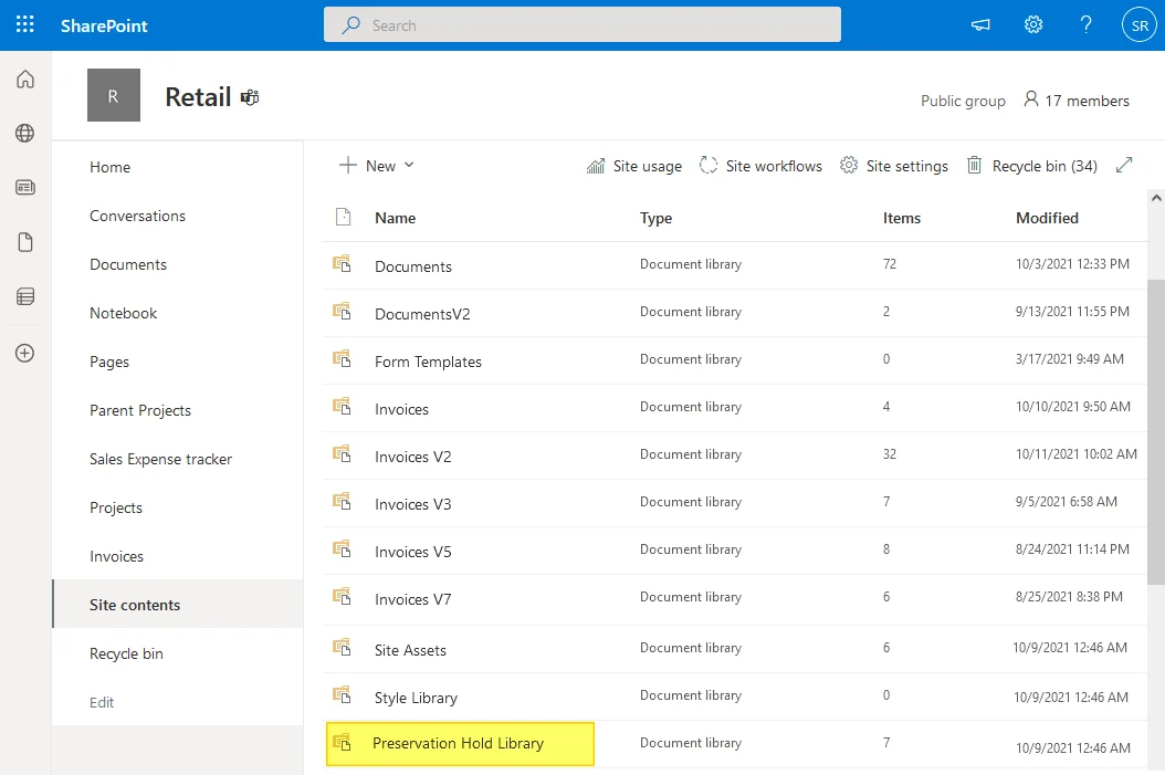 Site contents in SharePoint showing the Preservation Hold Library