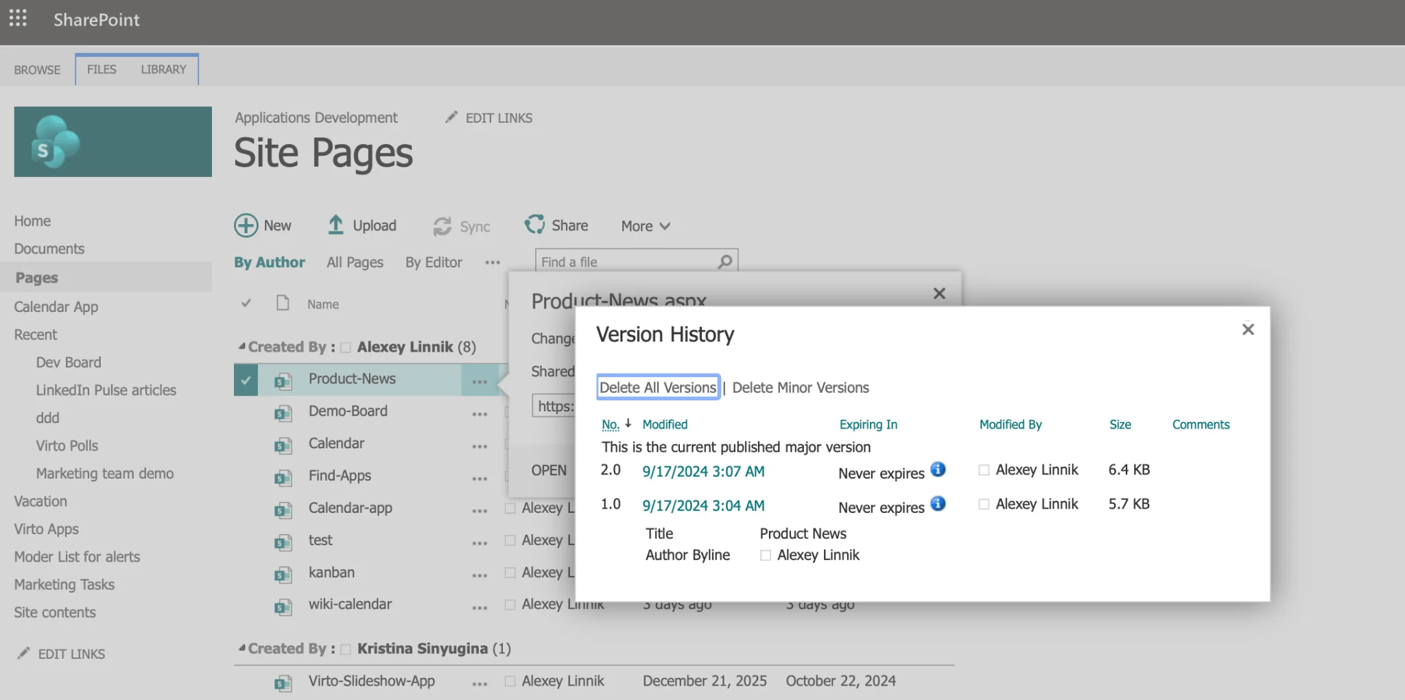 Version history panel in SharePoint Site Pages library