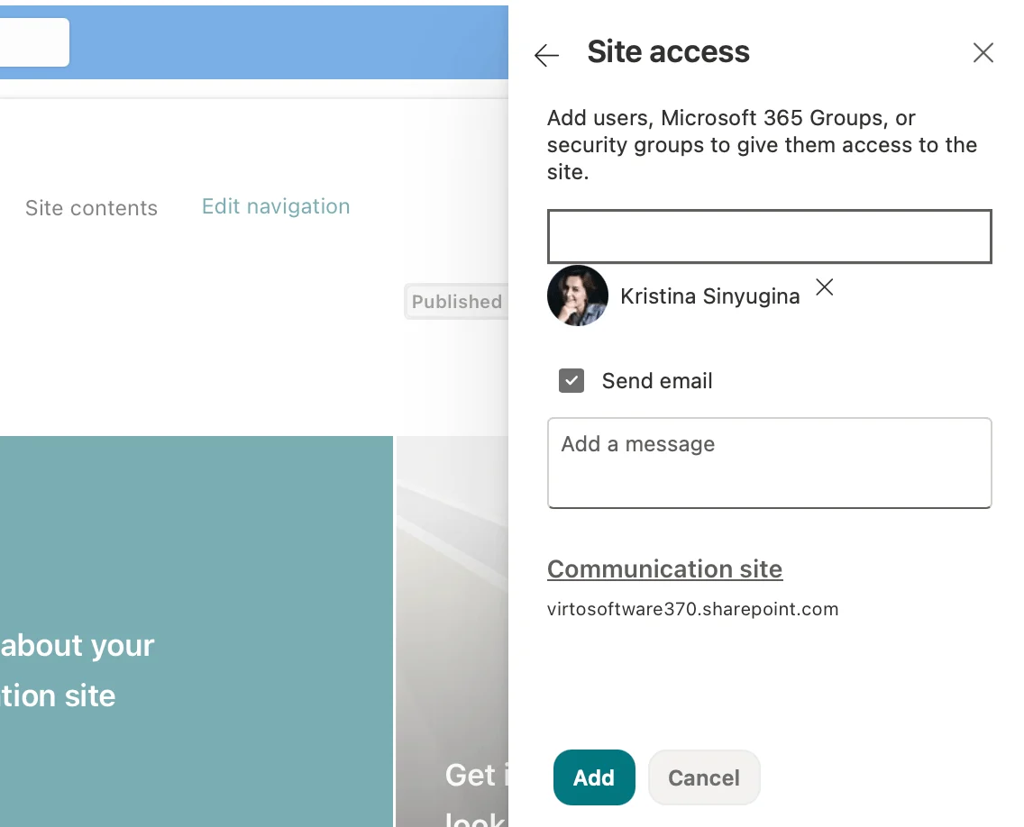 Inviting external user from Site permissions panel