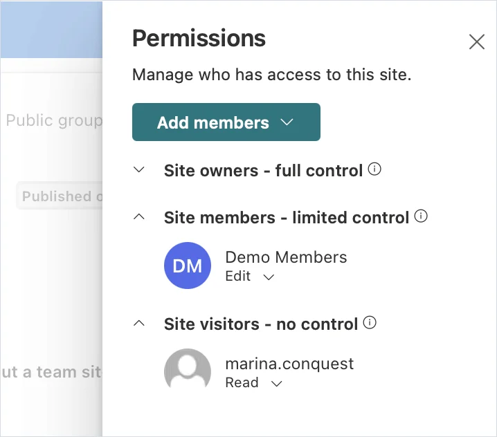 SharePoint site permissions panel showing partners as members and visitors