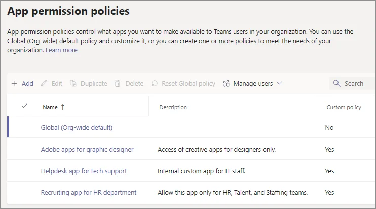 Managing app permission policies in Teams admin center