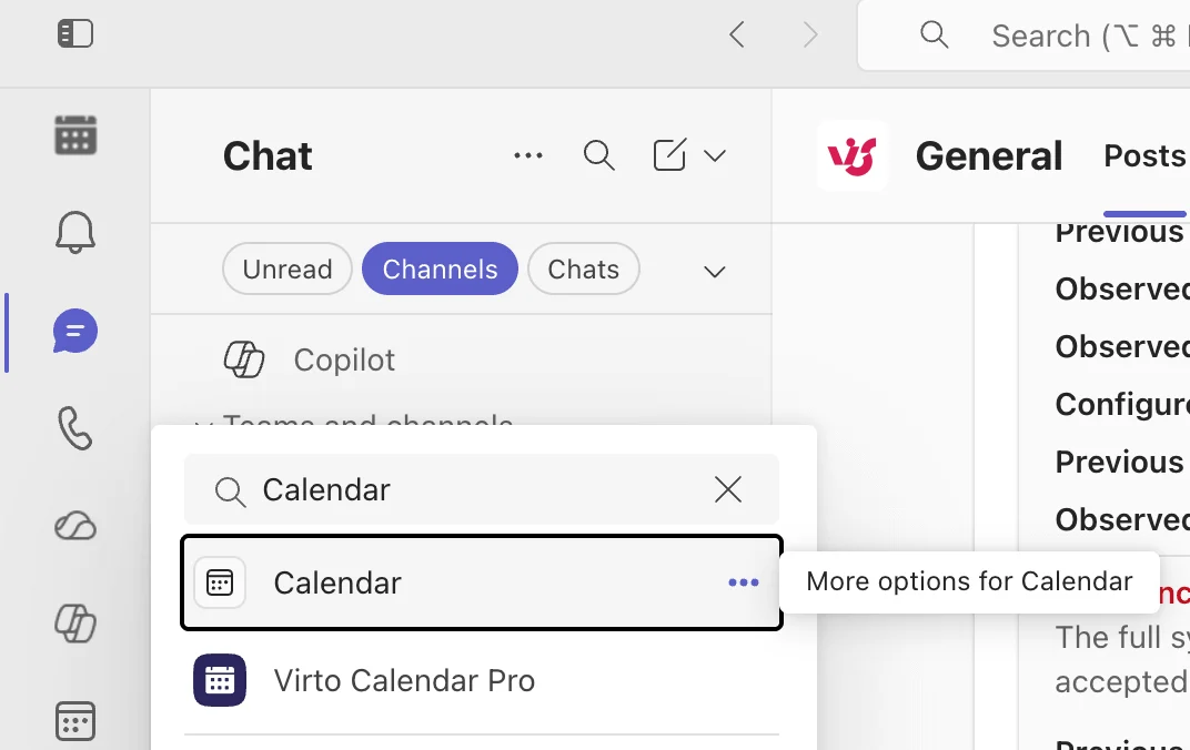Searching for and pinning the Teams Calendar app