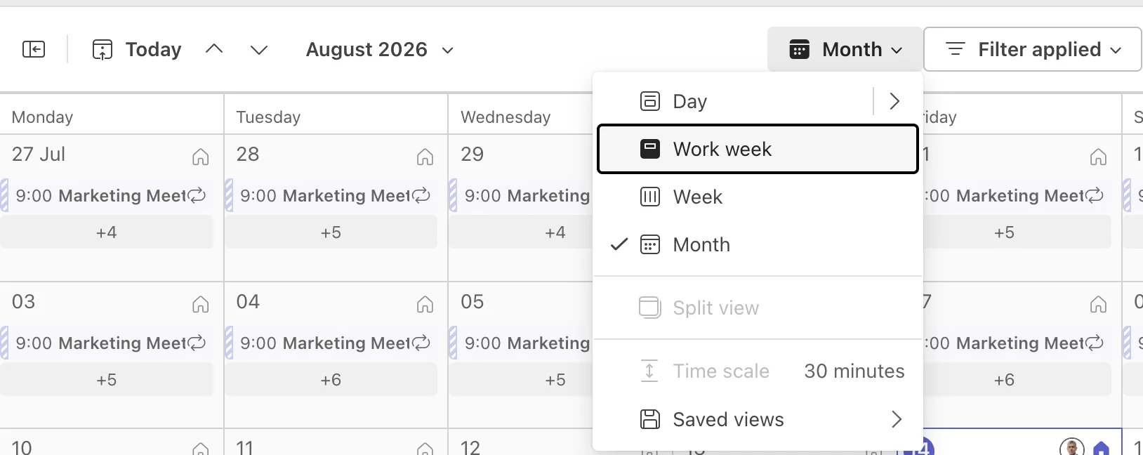 Teams calendar view switcher showing month view option