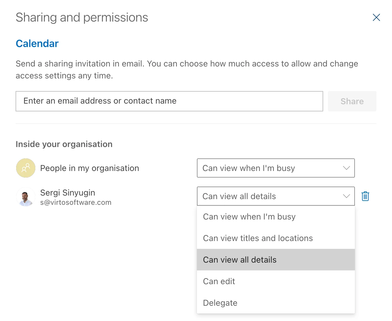 Teams calendar share dialog with permission options