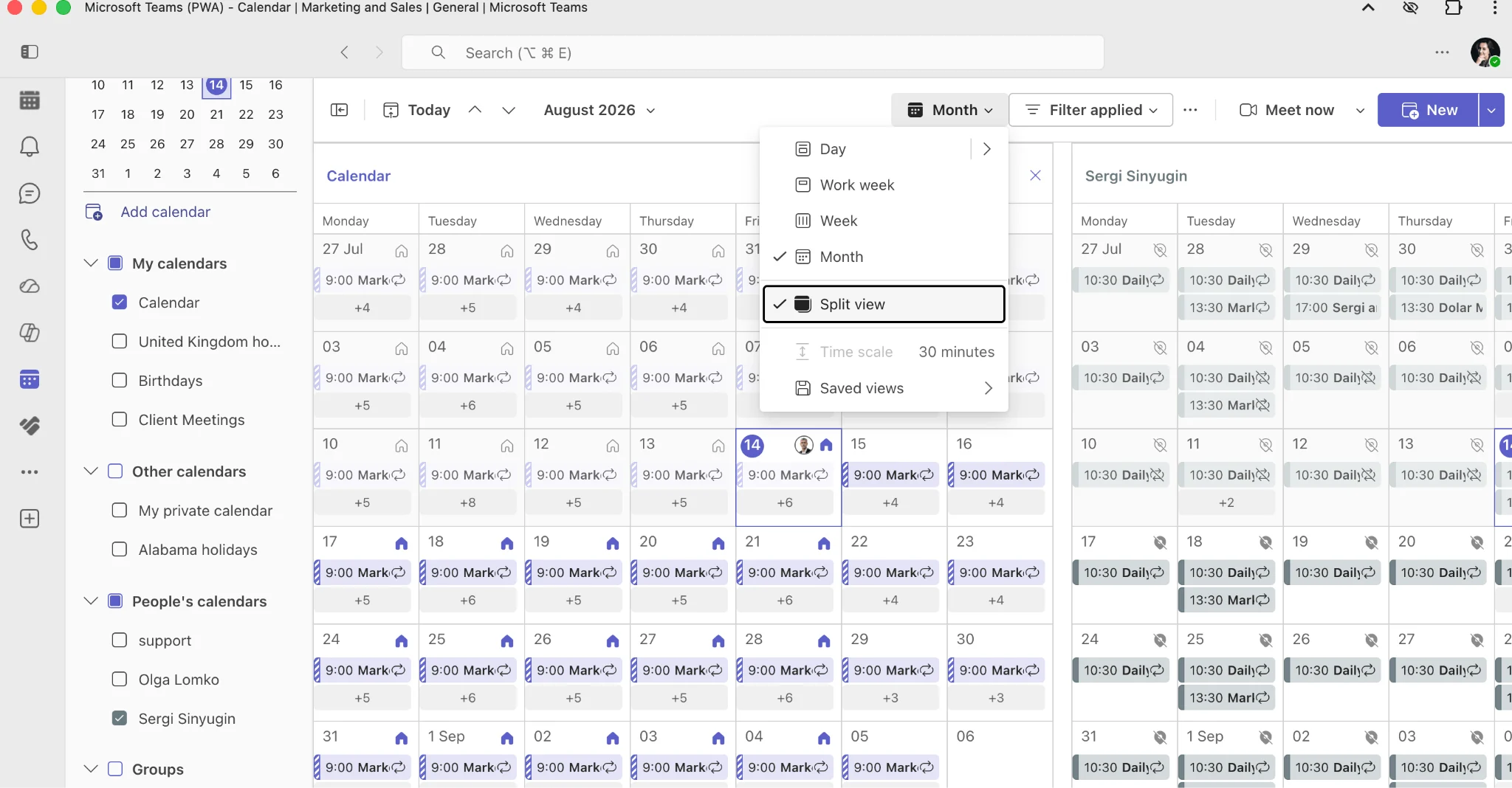 Teams calendar split view with multiple calendars side by side