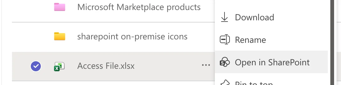 The Files tab of a Teams channel with Open in SharePoint highlighted