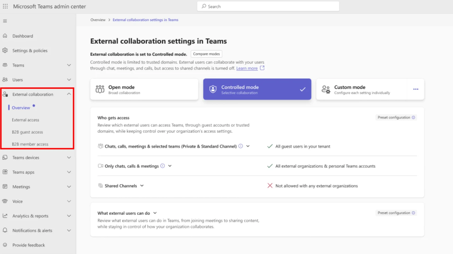 The External Collaboration section in the Teams admin center