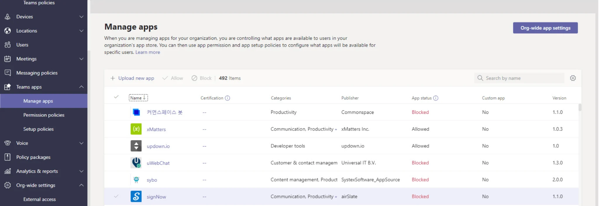 The Manage apps page in the Teams admin center