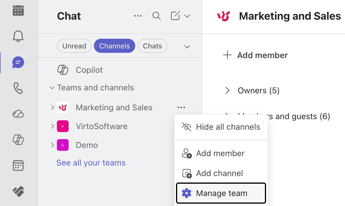 Teams Manage team member list view