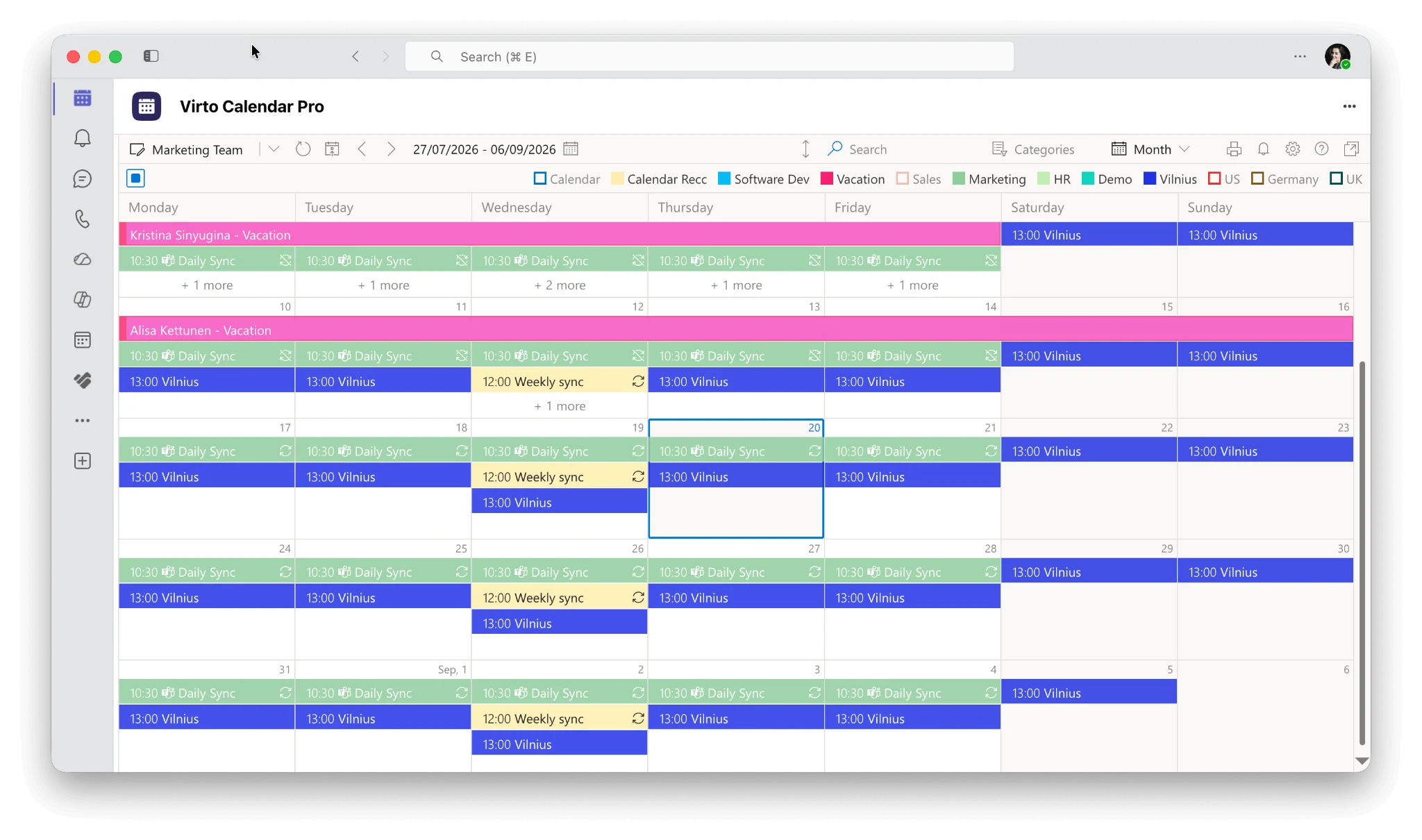 Virto Calendar App opened from the quick-access app rail in Microsoft Teams