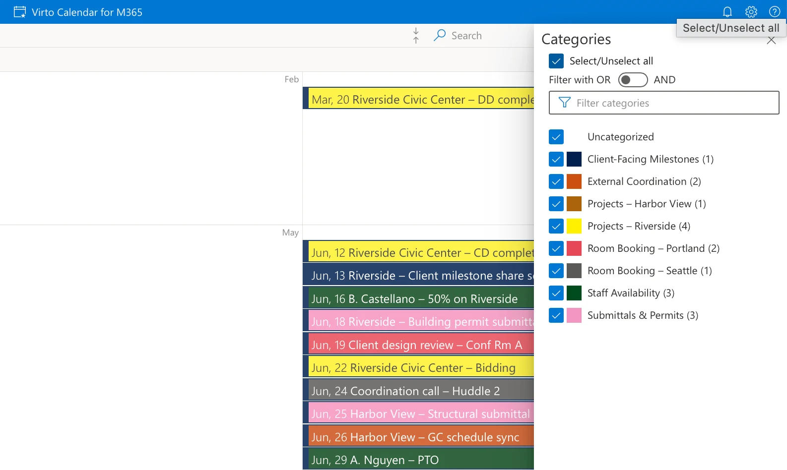 Checking different categories in Virto Calendar