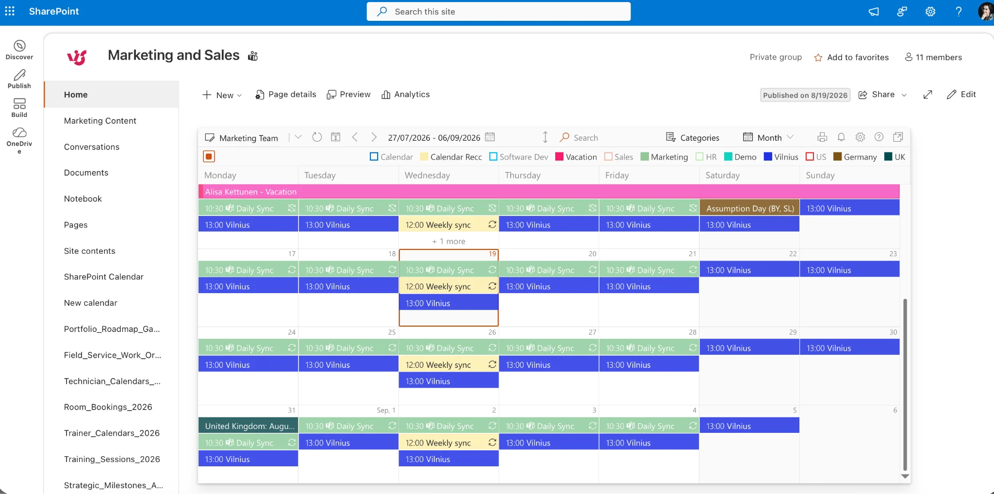 Several Microsoft 365 and SharePoint calendars overlaid in one colour-coded Virto Calendar view