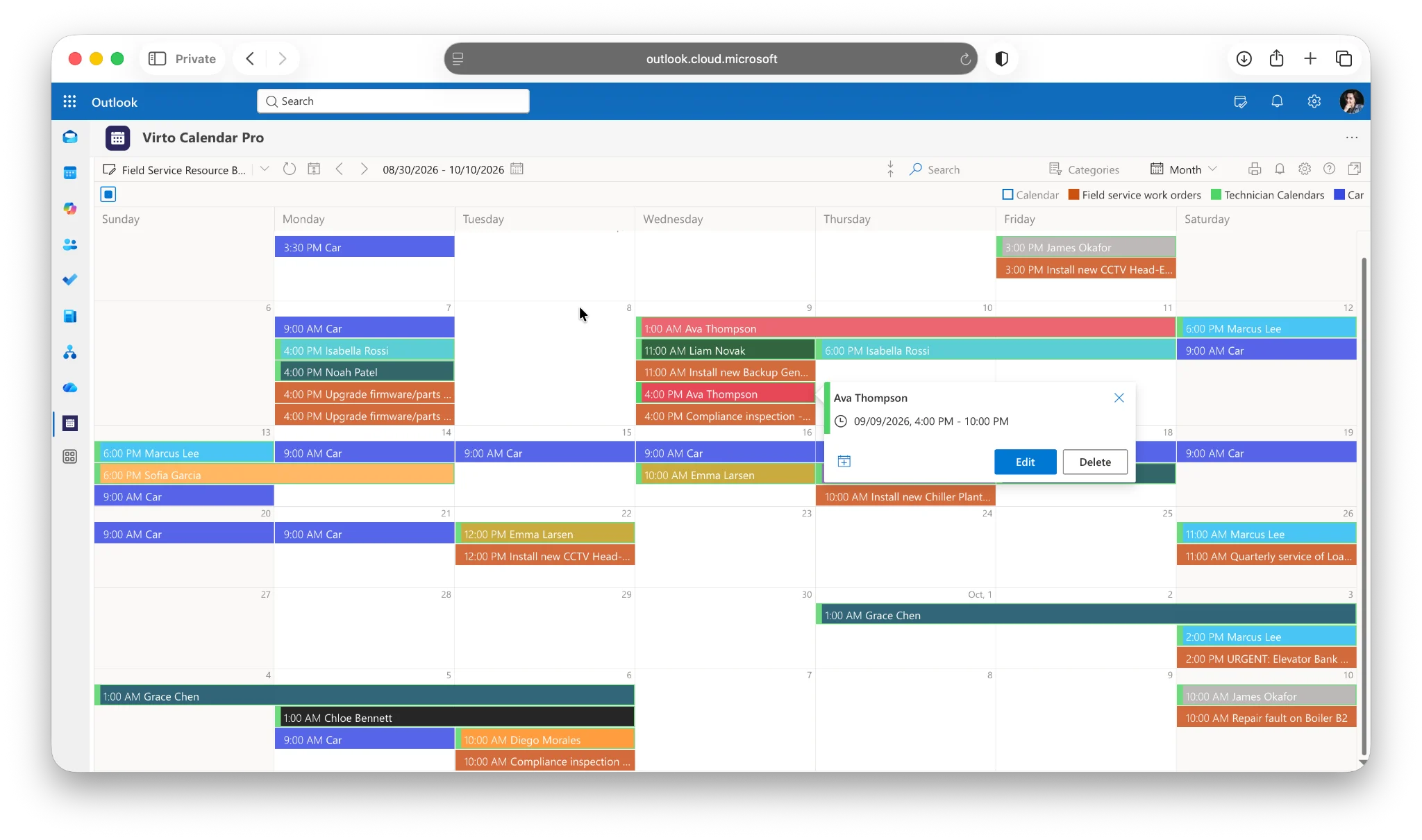 Multiple Microsoft 365 calendars overlaid in Virto Calendar view