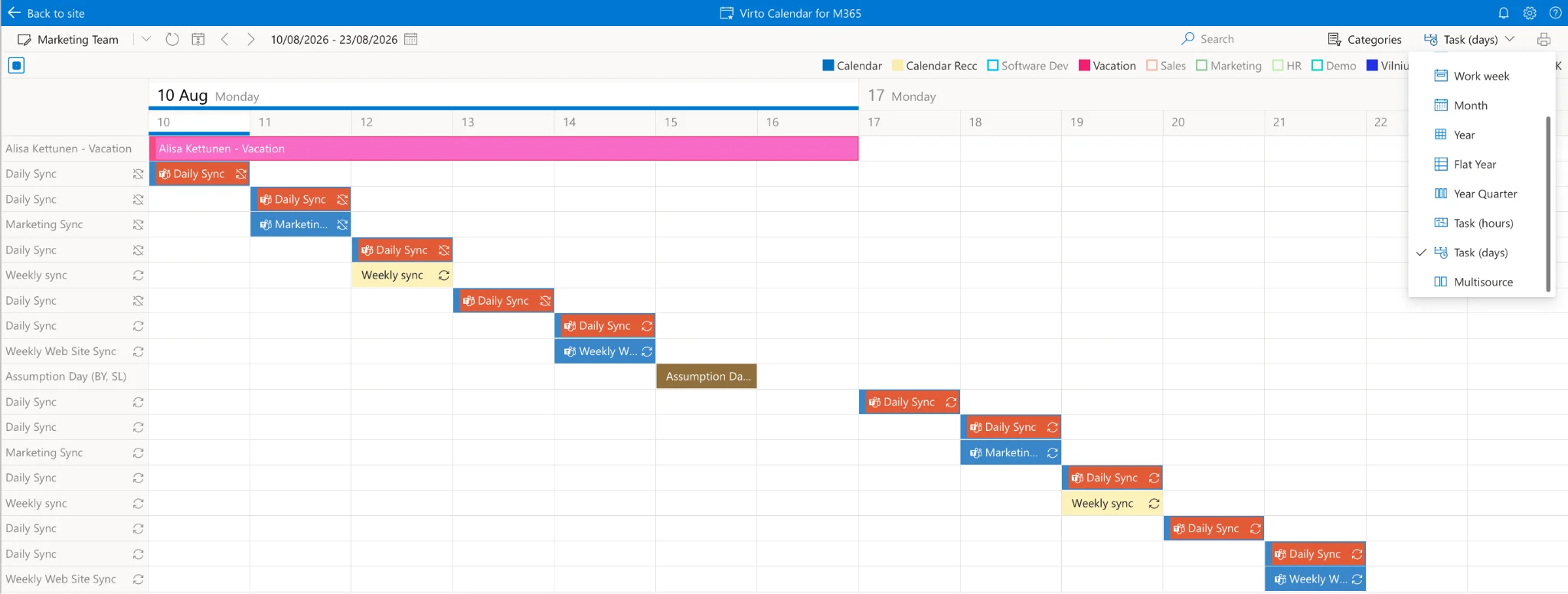 Checking different view options in the Virto Calendar App