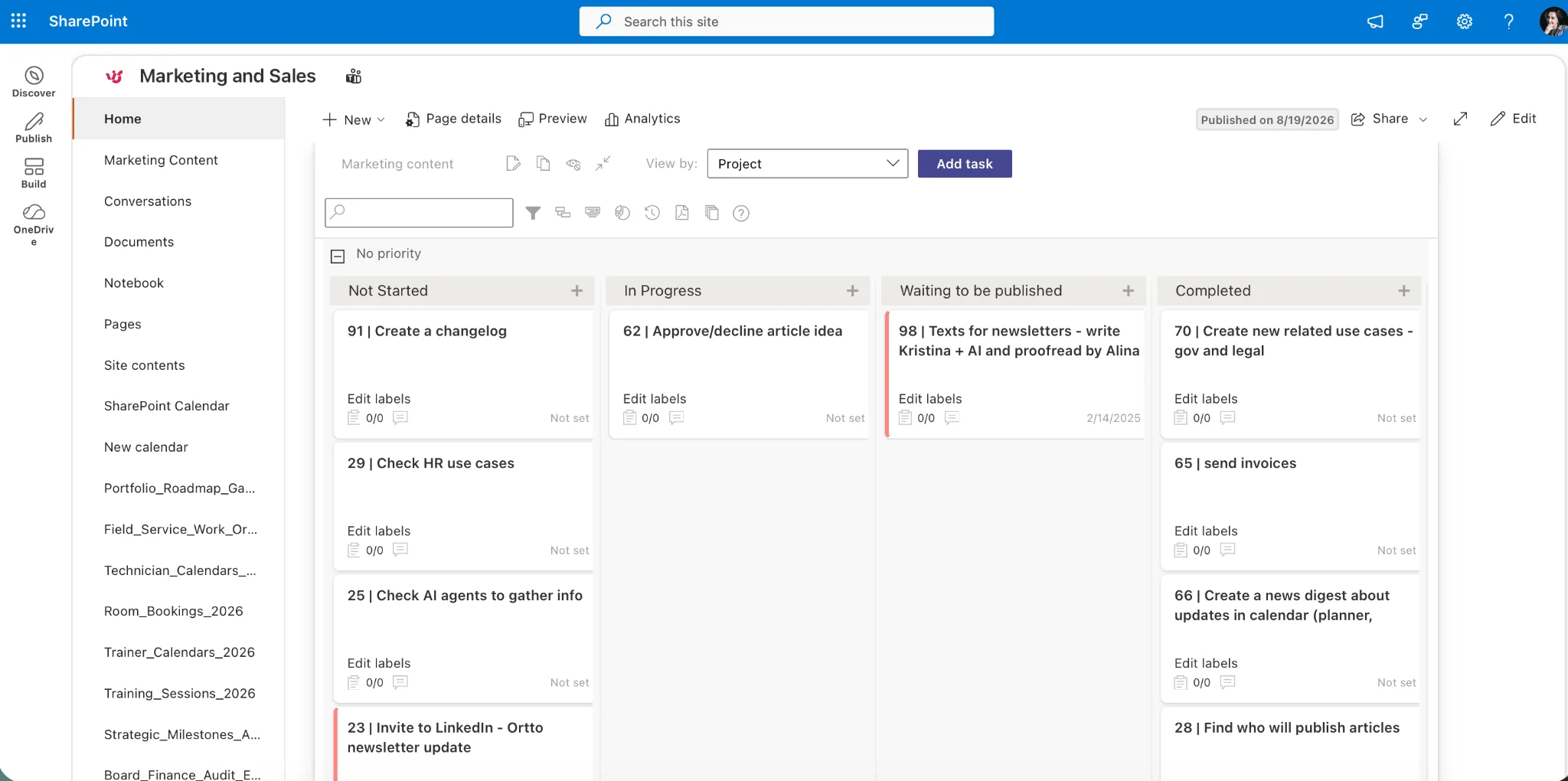 Virto Kanban Board tracking a partner project in SharePoint extranet