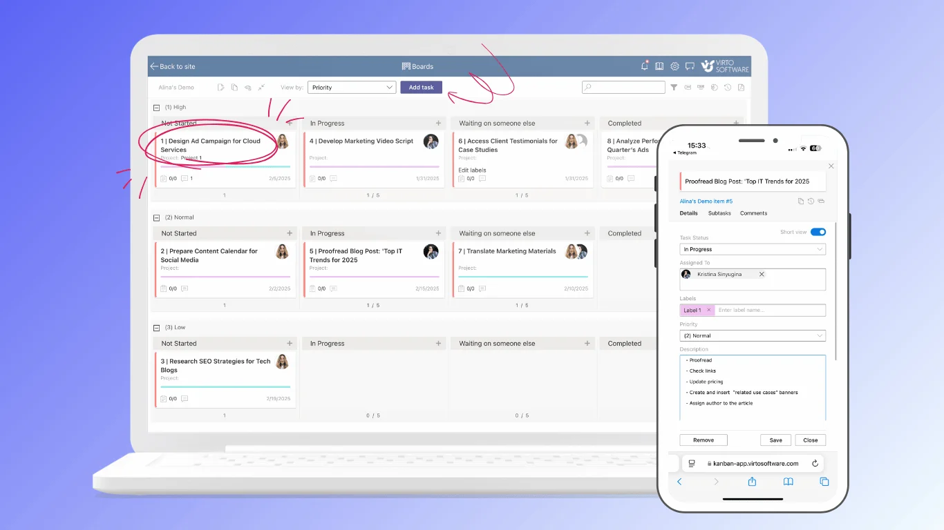 Virto Kanban Board App showing SharePoint list items as visual cards