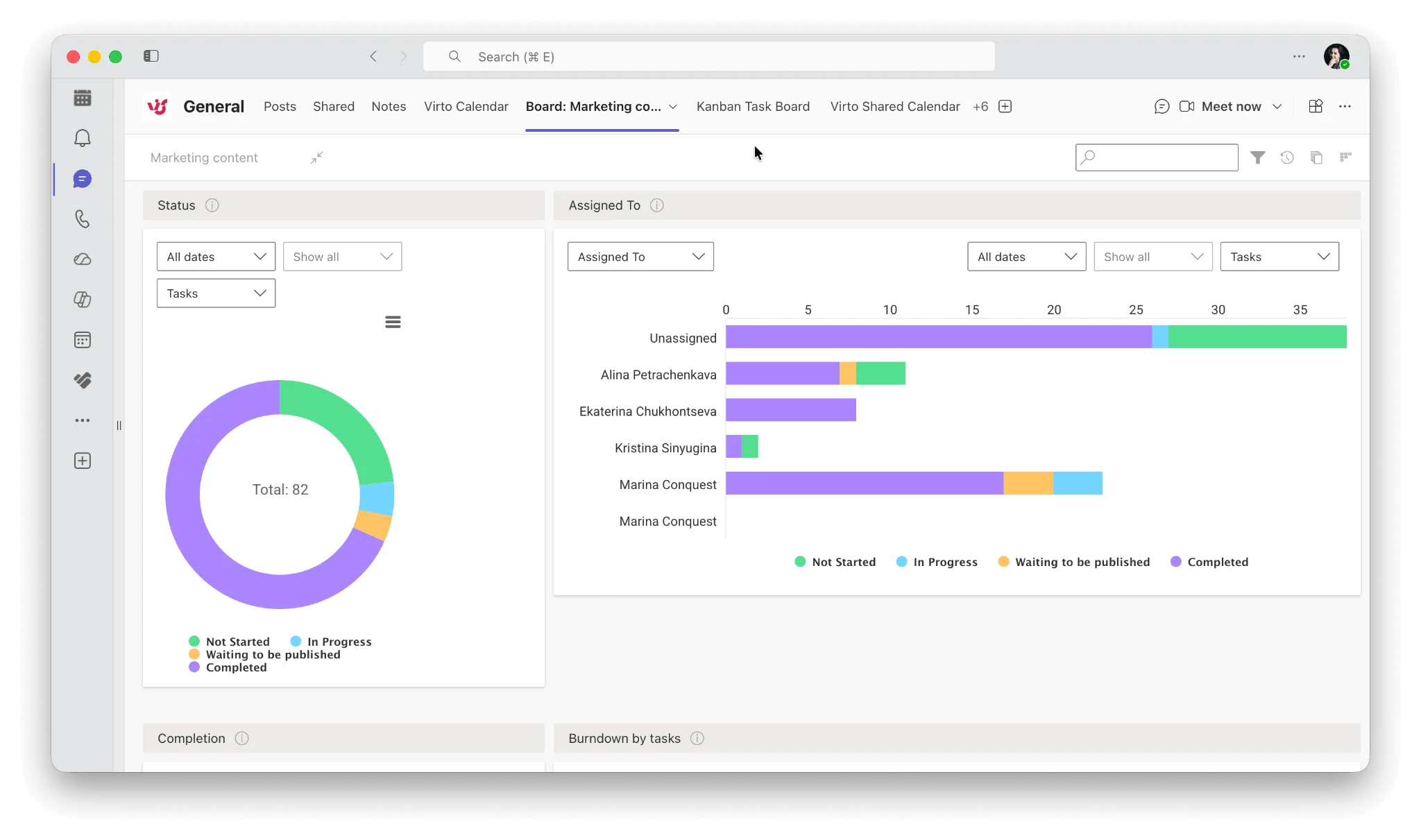 Virto Kanban Board charts displayed in Microsoft Teams channel