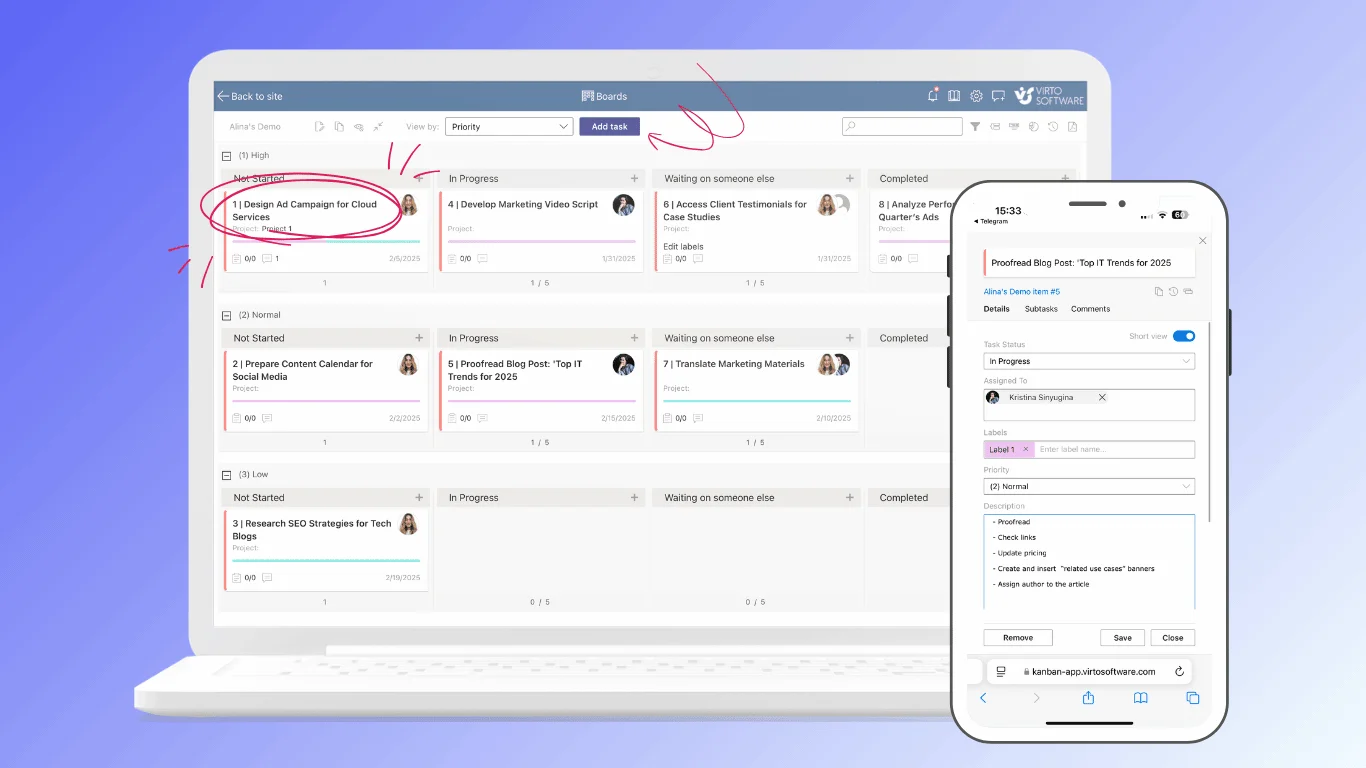 Virto Kanban Board built on a SharePoint list