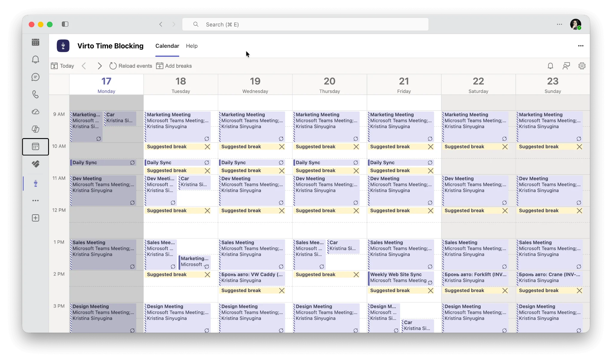 Virto Time Blocker App showing suggested breaks in Microsoft Teams